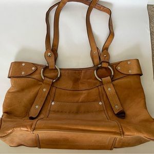 Ruehl No 925  Large Vintage Cognac Tan Leather Shoulder Bag Zippered Bag Tote